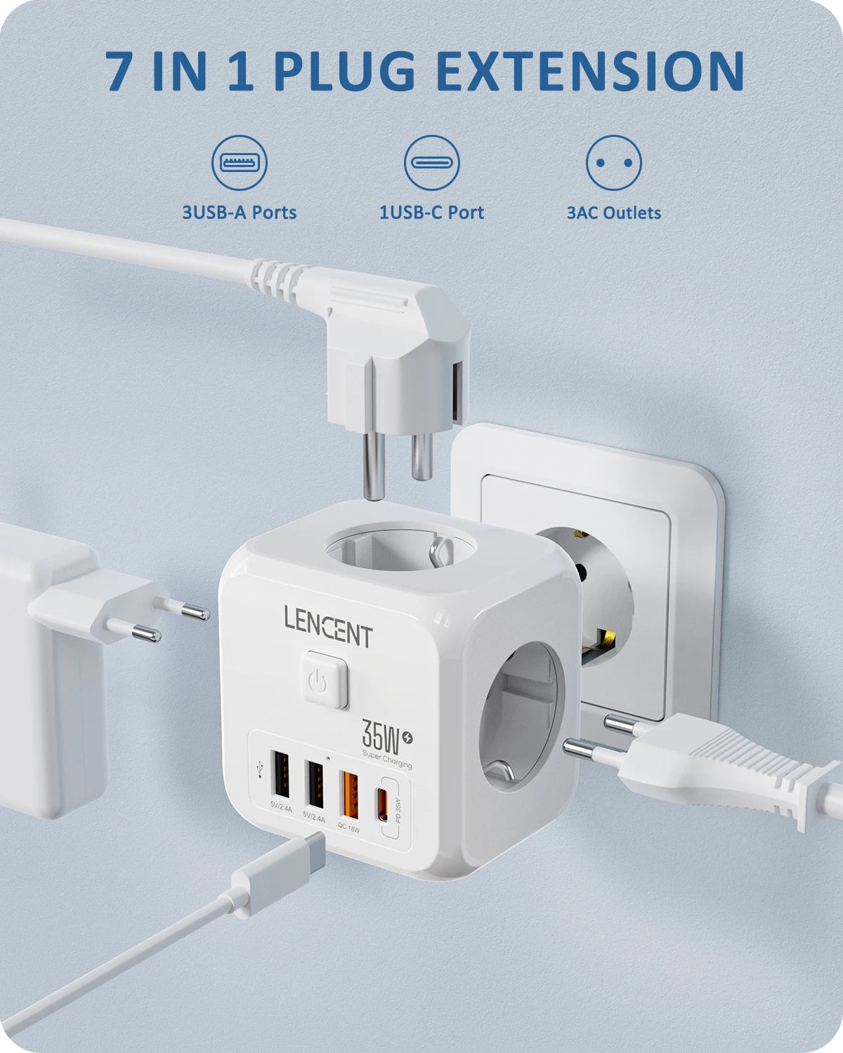 7-in-1 plug extension with multiple ports on a light blue background