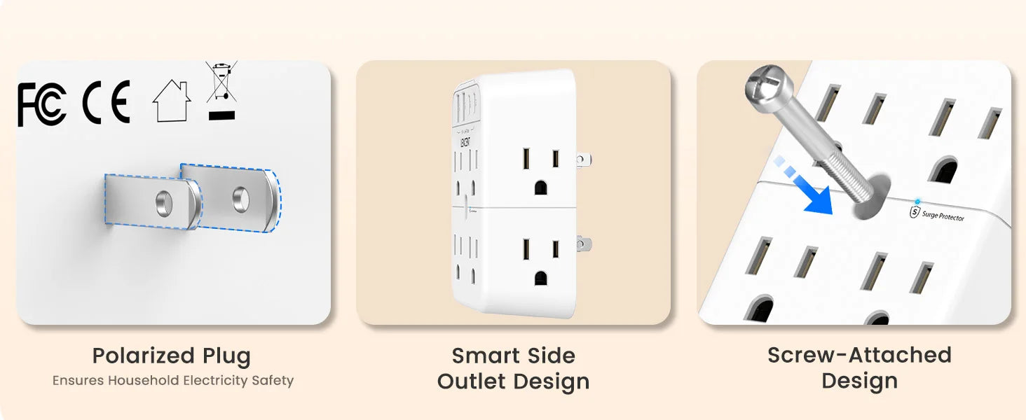 Three different designs of outlets with labels on a beige background