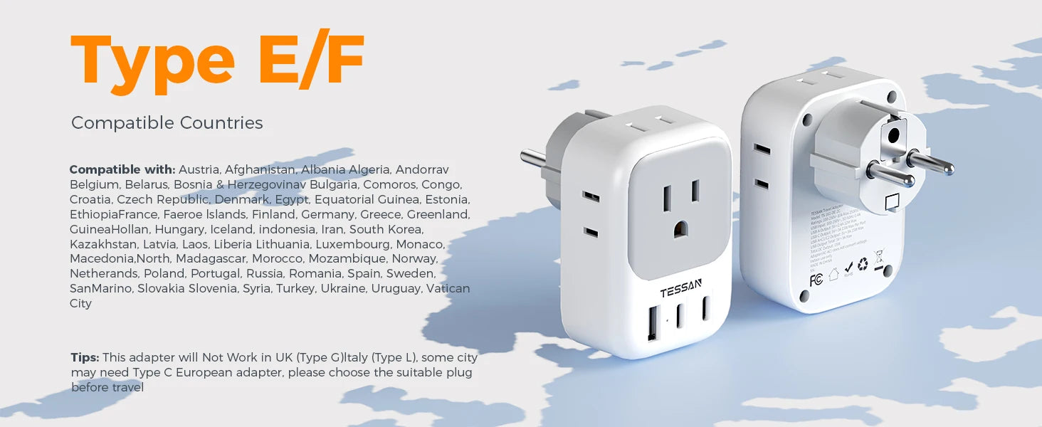 1-TESSAN US To EU Travel Adapter with 4 AC Outlets 3 USB Ports 7 in 1 Type E/F Plug Adaptor for Spain French Russia Wall Socket