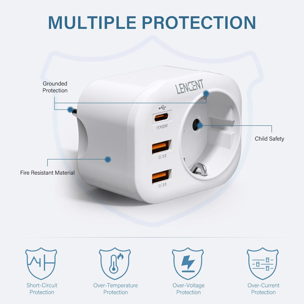 LENCENT EU Plug Wall Socket Extender with 1 AC Outlet 2 USB QC3.0 and 1 Type C PD 20W Multi Socket Fast Charger for Home Travel