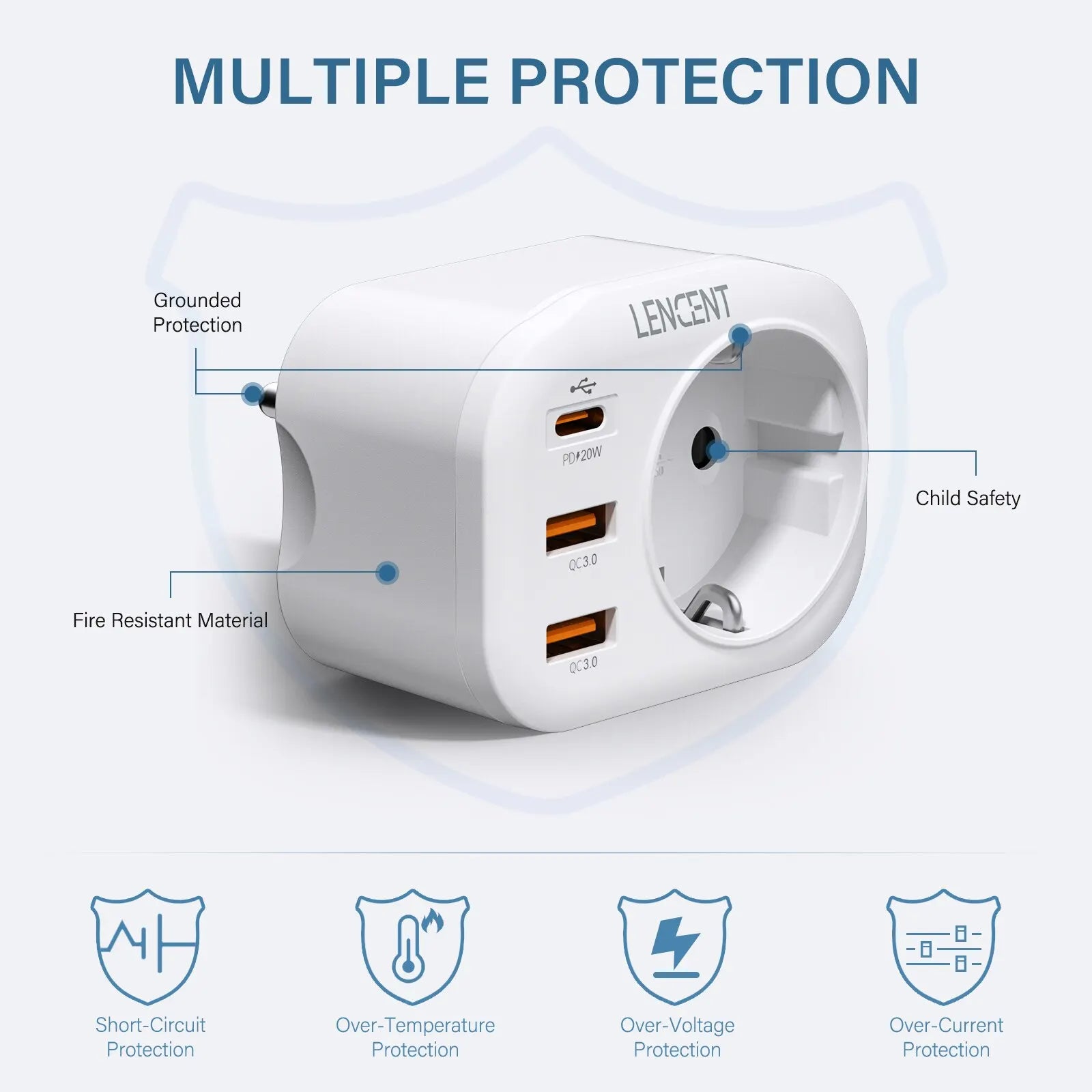 LENCENT EU Plug Wall Socket Extender with 1 AC Outlet 2 USB QC3.0 and 1 Type C PD 20W Multi Socket Fast Charger for Home Travel