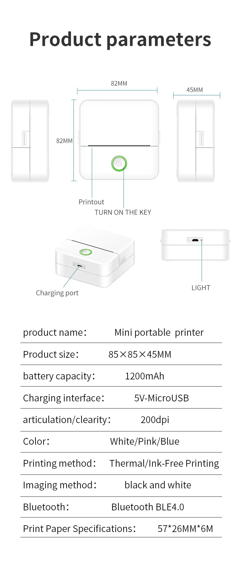 KGG Mini Thermal Printer Bluetooth Wireless Inkless Photo Printing Note Label Sticker Pocket Portable Printer for Home Office.