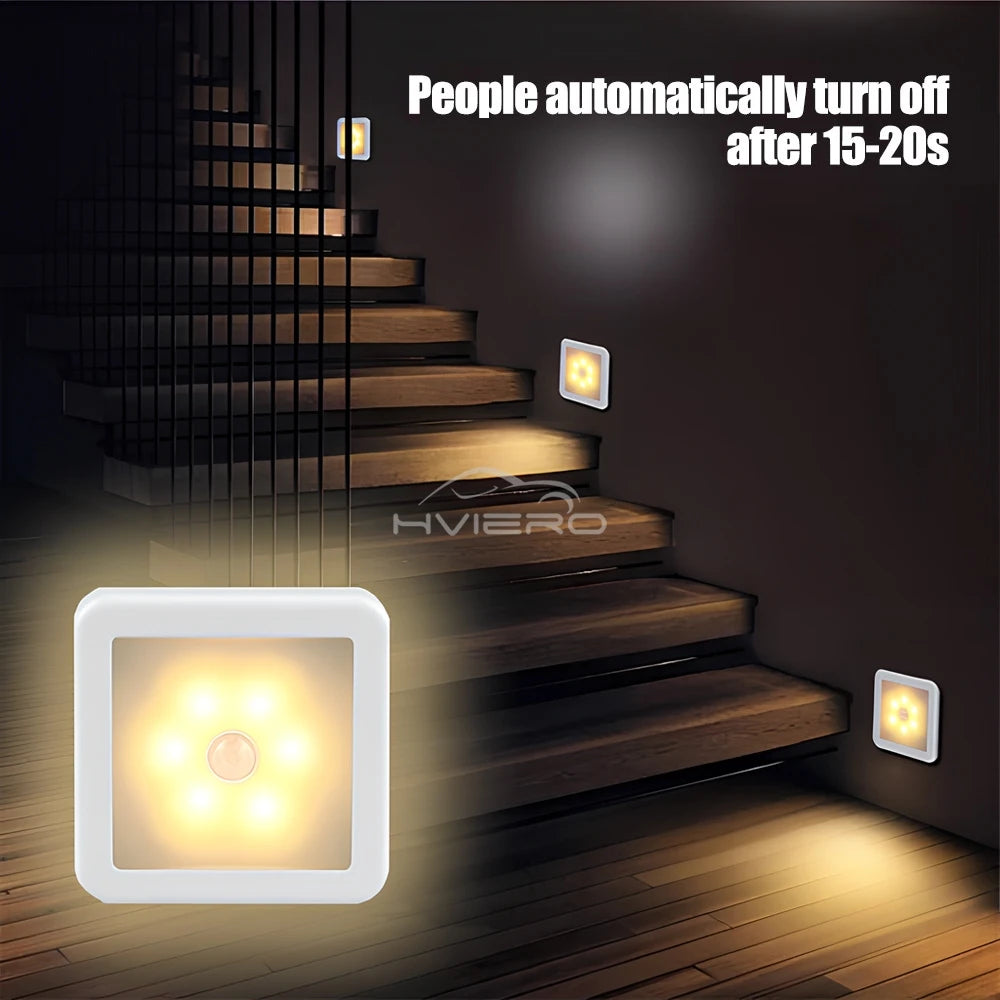 Stairway with night lights on the steps and wall, HVIERO brand visible.