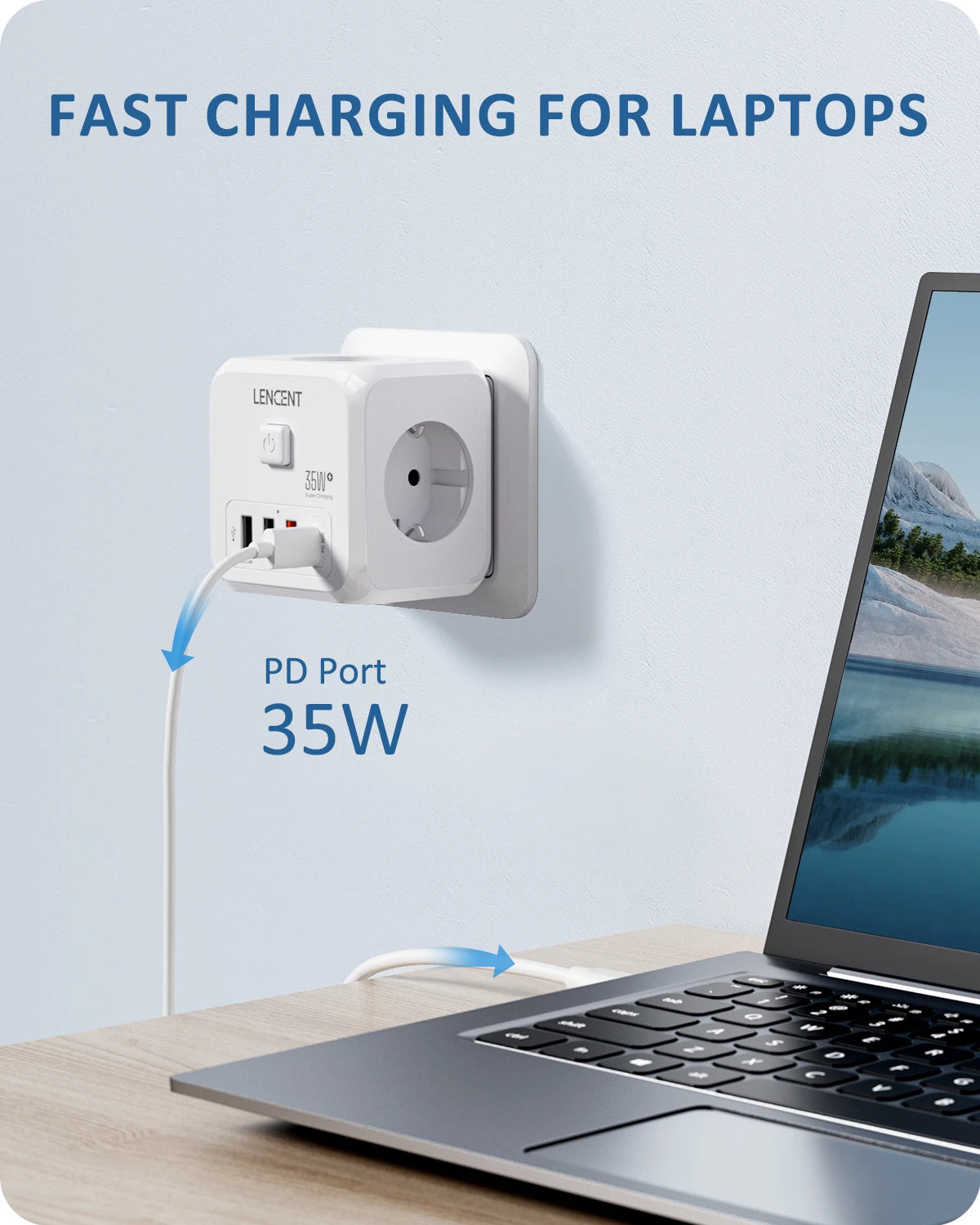 Laptop being charged via a power adapter with a PD port on a light blue background