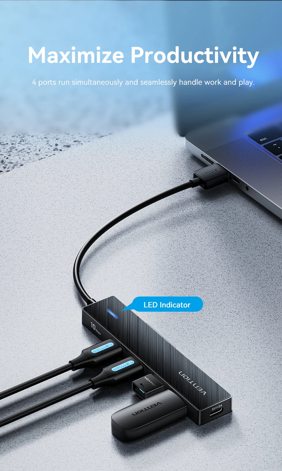 Vention New USB 3.2 Gen2 HUB 5 Ports Splitter 10Gbps USB A Type C HUB Multiport Adapter Laptop Expansion Desktop PC Accessories