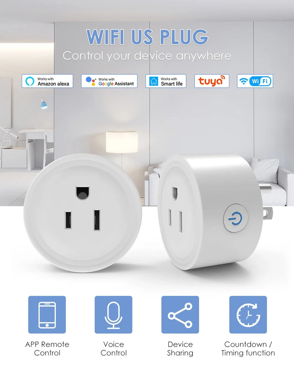 2-Tuya Smart Wifi Plug US Standard Wireless Outlet 10A Remote Control Smart Home Appliances Work With Alexa Google Home