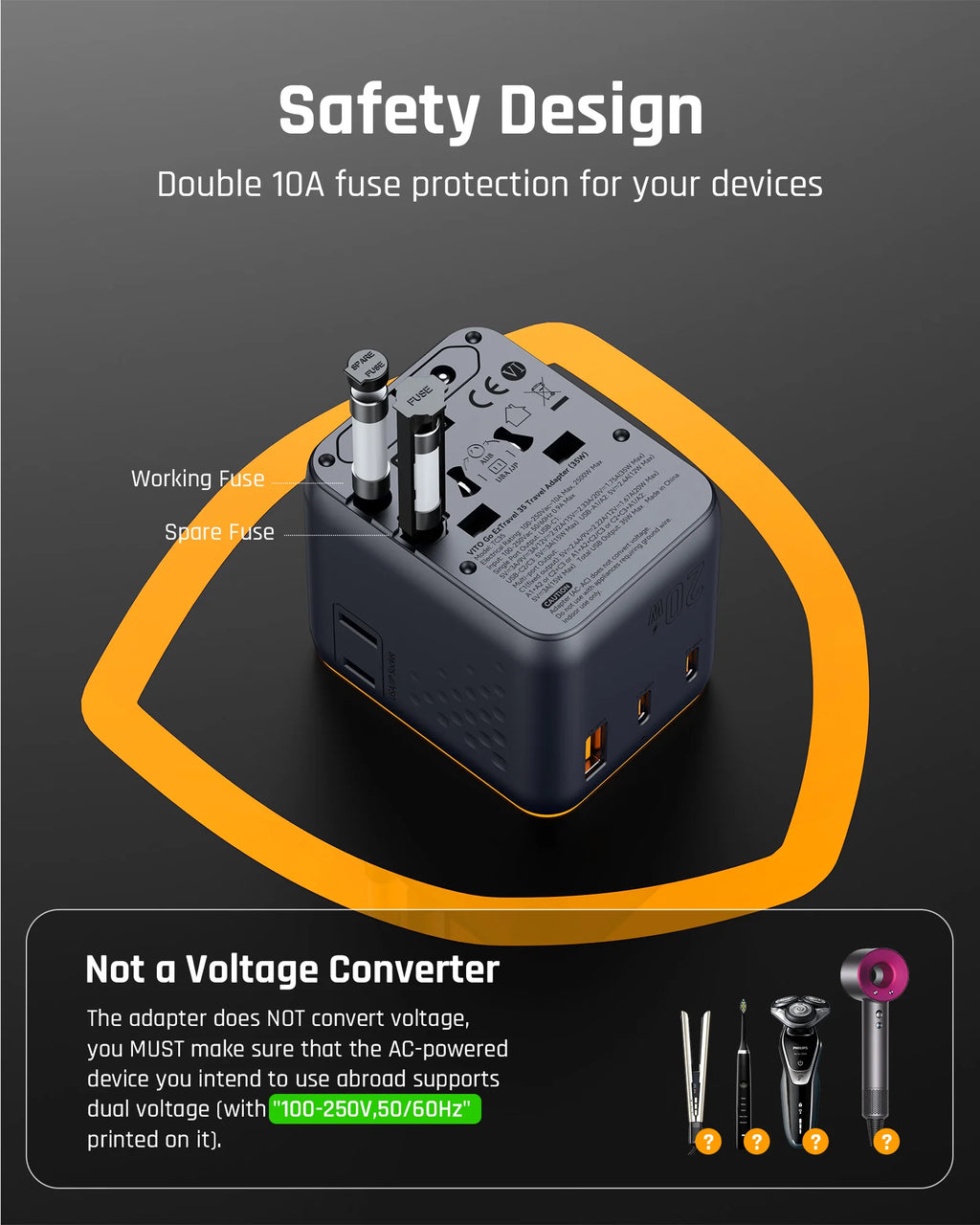4-VOLTME 20W Travel Adapter Worldwide Power Adapter EU/UK/US/AUS Plug Travel Charging with Built in USB C for iPhone Samsung