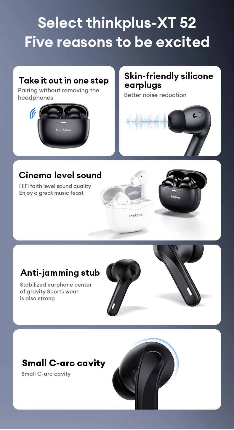 Original Lenovo XT52 Wireless Earphones TWS 5.4 Bluetooth Headphone HIFI Stereo Call Music Noise Reduction Earbuds Sport Headset