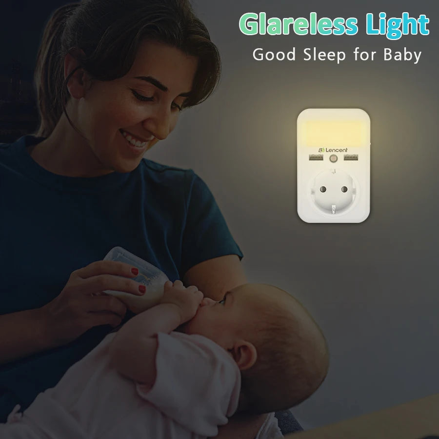 LENCENT EU Plug Wall Socket with 1 AC Outlet 2USB Ports Wall Charger Adapter with Rack Adjustable Nigh Light for Home/Office