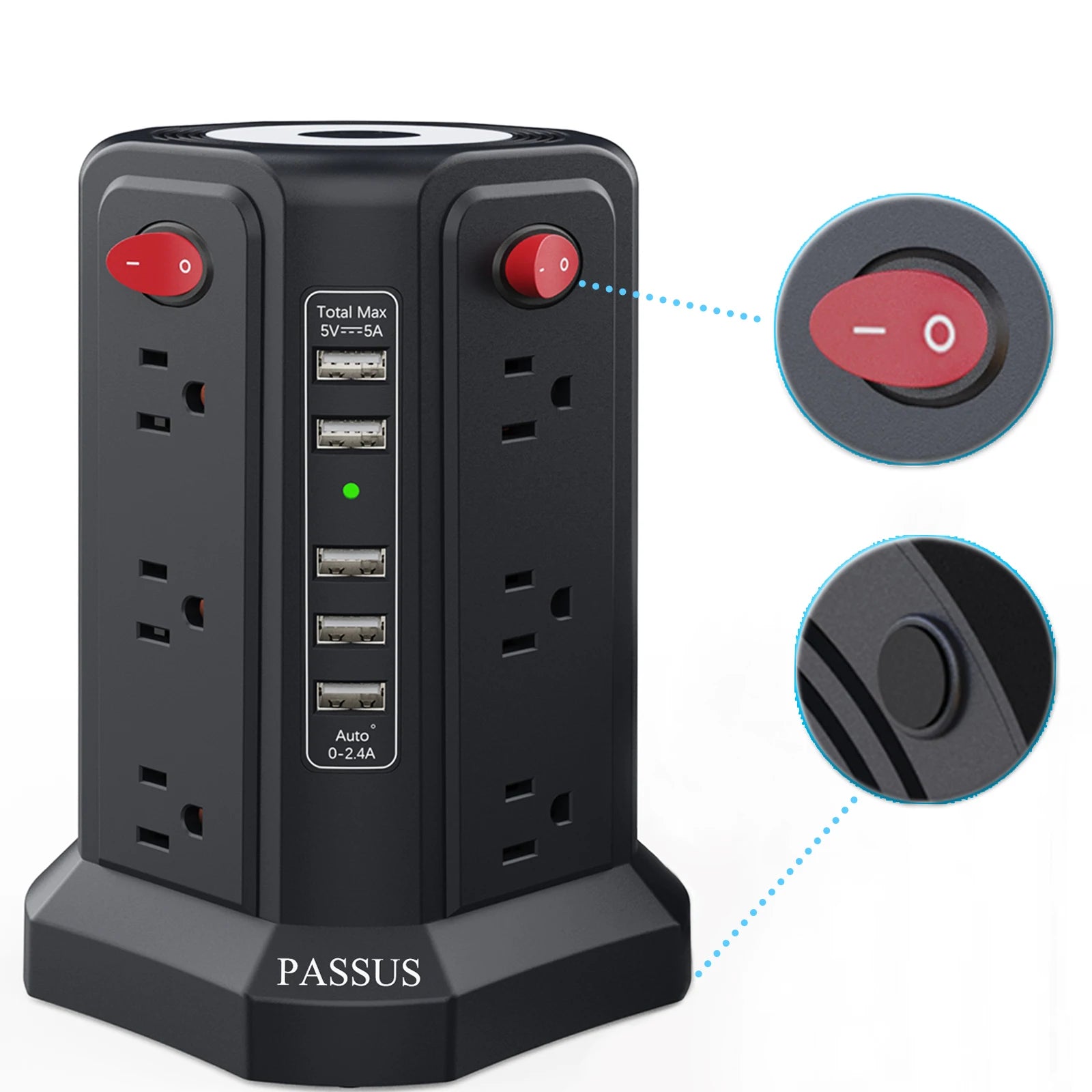 10FT Extension Cord with 12 AC Multiple Outlets, 5 USB Ports and Night Light, PASSUS Surge Protector Power Strip Tower