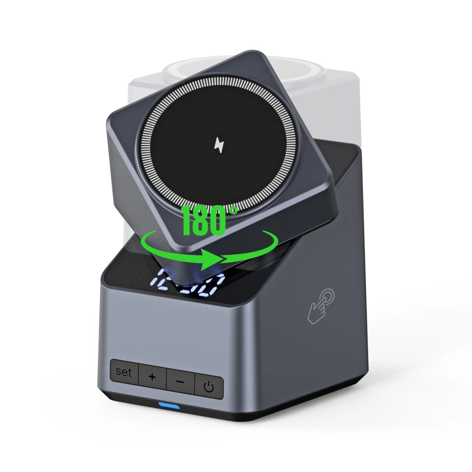 Magnetic 4 in 1 Auto Rotation Wireless Charger with Clock for Iphone 12-16 Series(15W), Apple Watch(2.5W) and Airpods (5W)