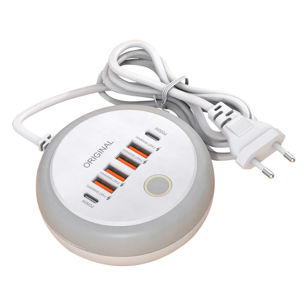 1-PD 50W Charger USB Type C 6 Ports QC3.0 Mobile Phone Wall Adapter With Touch LED Light For iPhone Samsung Xiaomi Travel Charger