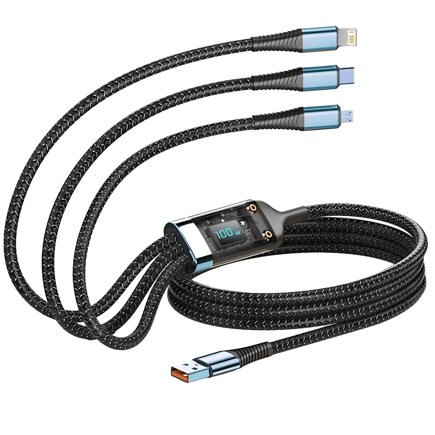 4-3-in-1 Braided Fast Charging Cable – USB-A to Type-C, Lightning & Micro USB (6A)