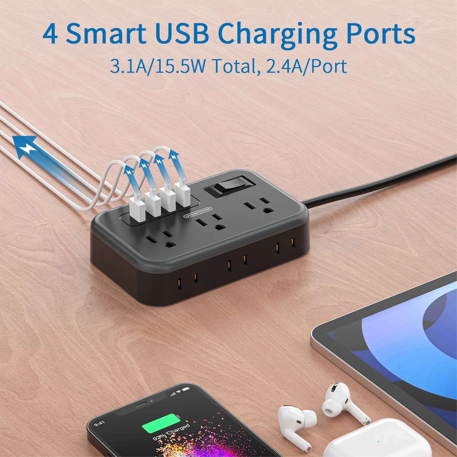 6-Outlet Power Strip with 4 USB Ports 15.5W Fast Charge & 15FT Extension Cord Surge Protector & Network Filter US Plug 100-240V