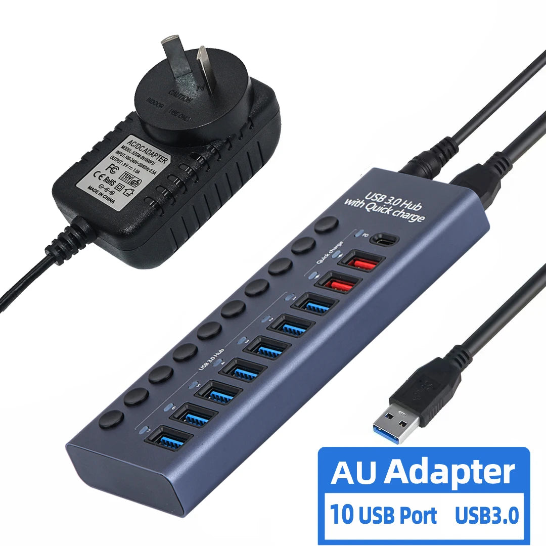 4-AIXXCO 10 Ports USB3.0 Splitter Computer Extender USB HUB 2.4A Fast Charging PD Port External 12V Power Supply