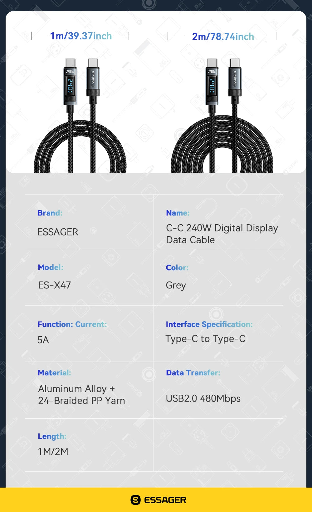Essager 240W USB Type C To USB C Cable 100W PD 3.1 Fast Charging Charger Wire For Macbook Pro Xiaomi Samsung Laptop USBC Cord 2M