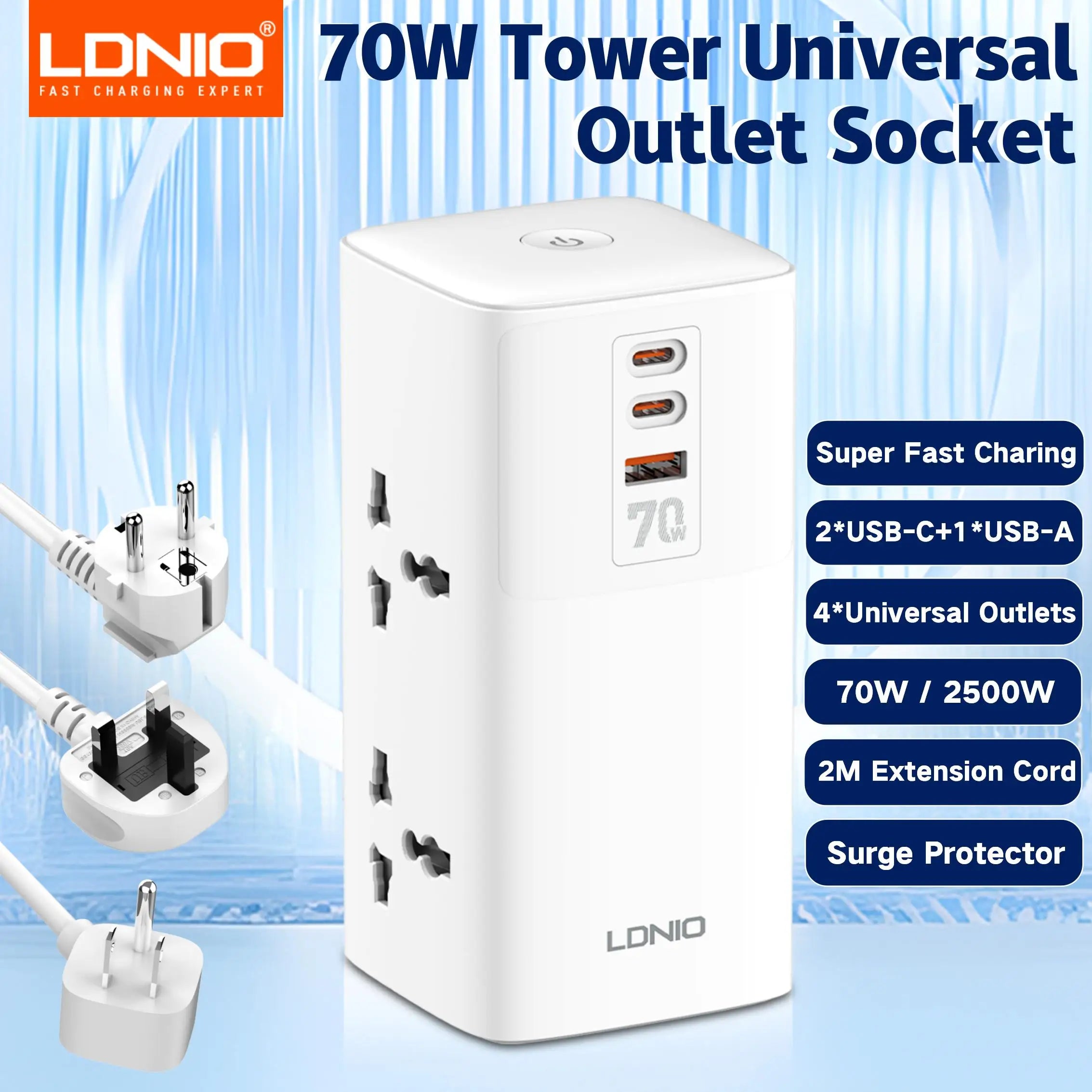 1-Tower 4 Way Outlets Socket 70W USB Multi Power Strip Vertical 2m Extension Power Cord UK EU US AU Plug with Overload Protector