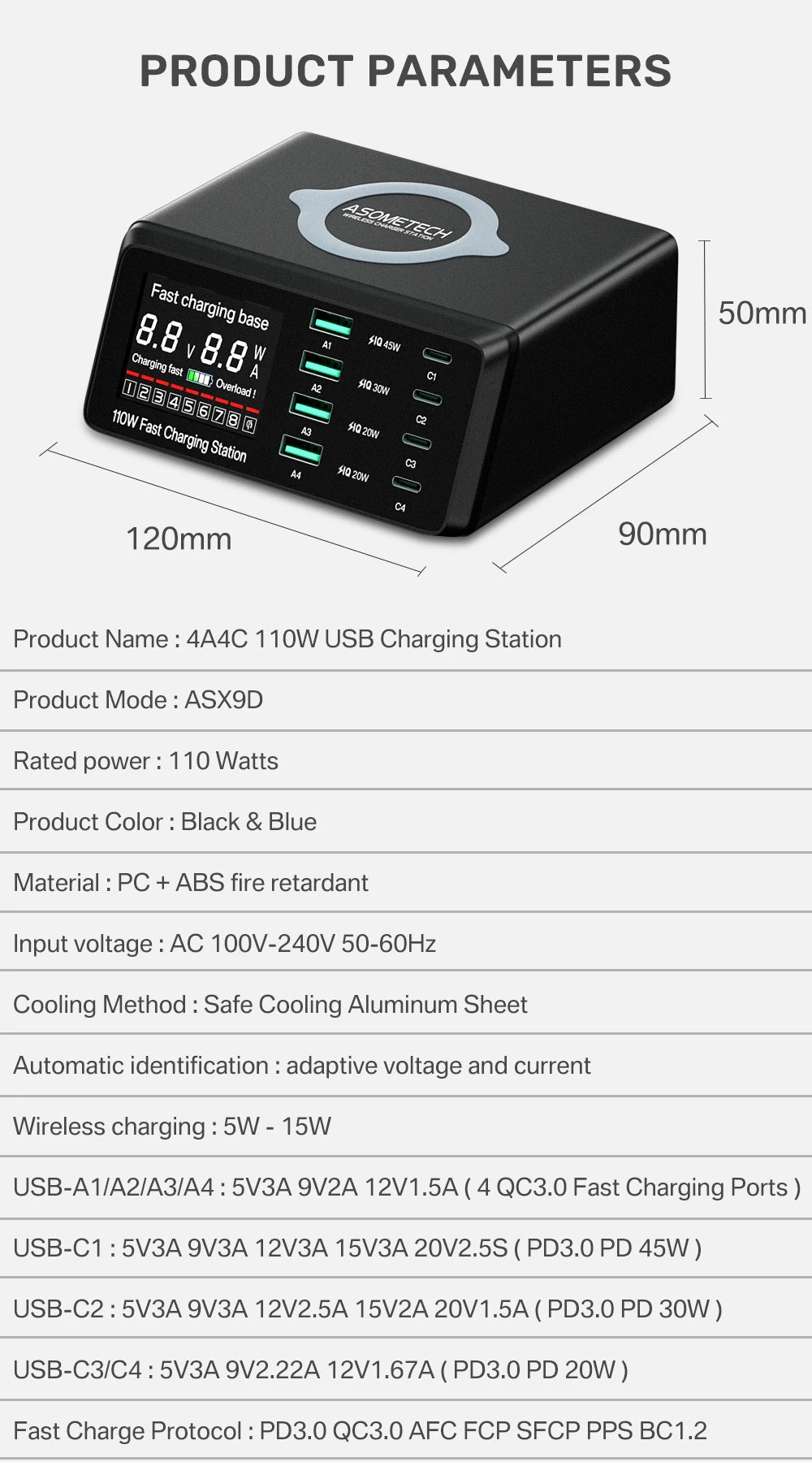 4-ASOMETECH 110W USB Type C Charger Wireless Charing Multi Ports Fast Phone Charger PD QC3.0 Quick Charge For iPhone 14 13 Xiaomi