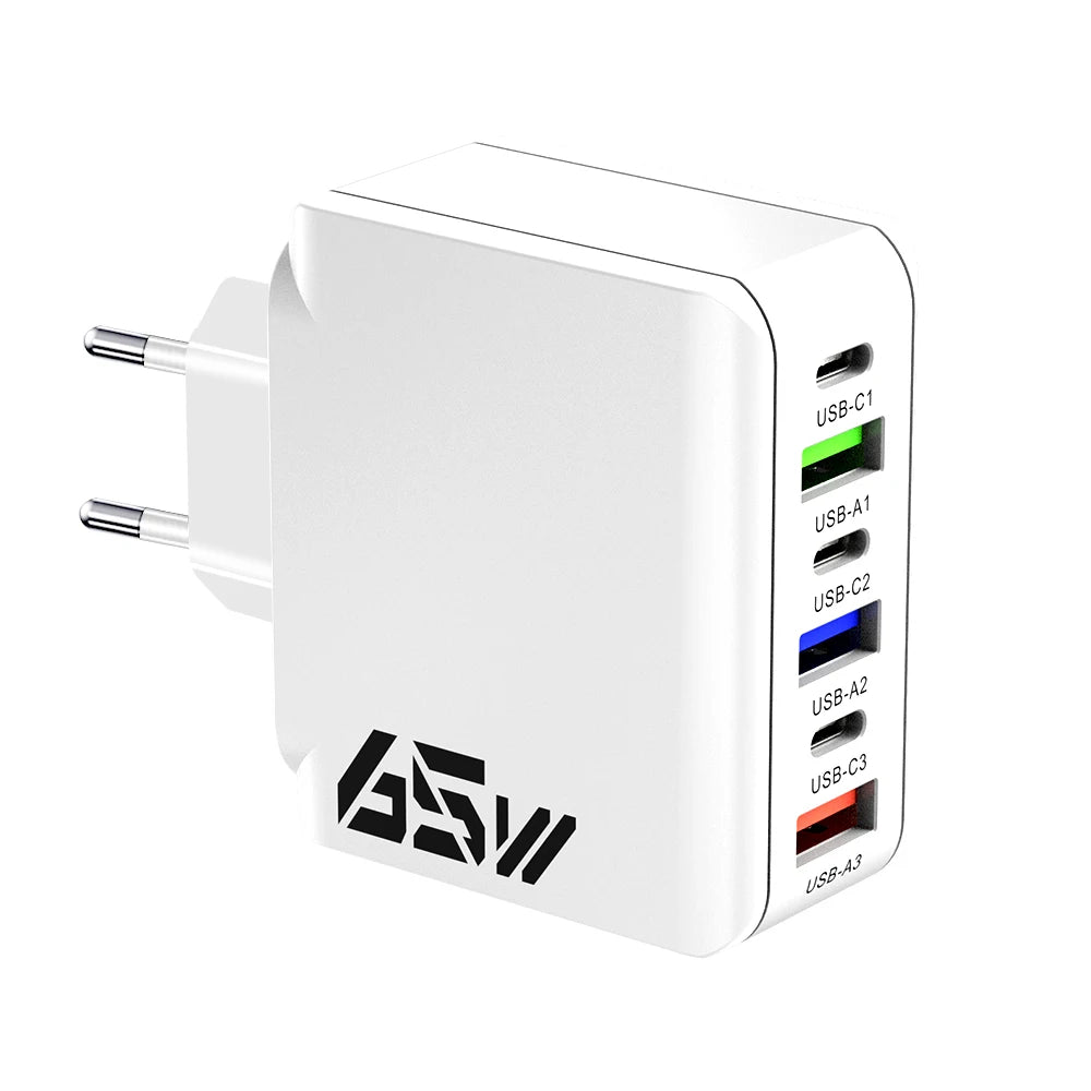 65W USB C Wall Charger Fast Charger 6 Ports Quick Charge 3.0 Adapter for iPhone 13 14 15 Xiaomi Samsung Oppo Mobile US/EU Plug