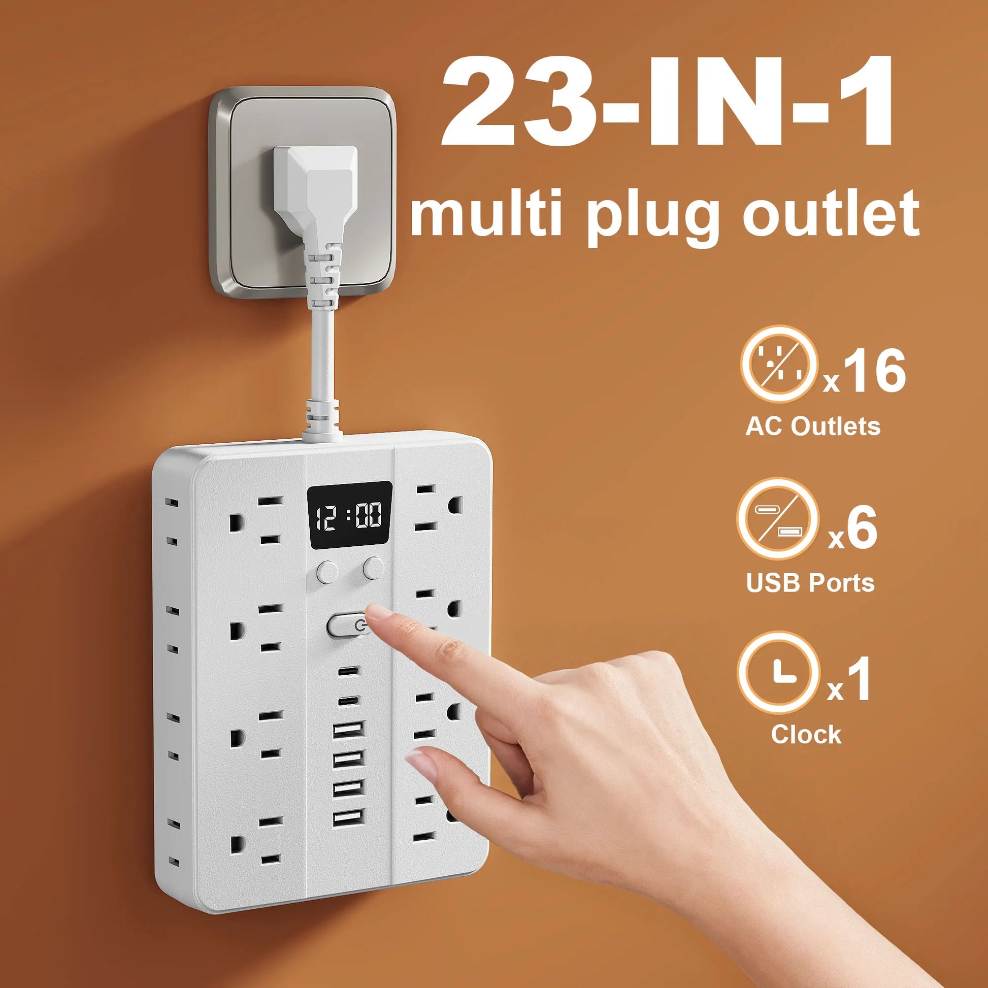 23-in-1 power strip plug line multi-directional placement, multi-hole socket with clock, 16 standard sockets, 6 USB ports,
