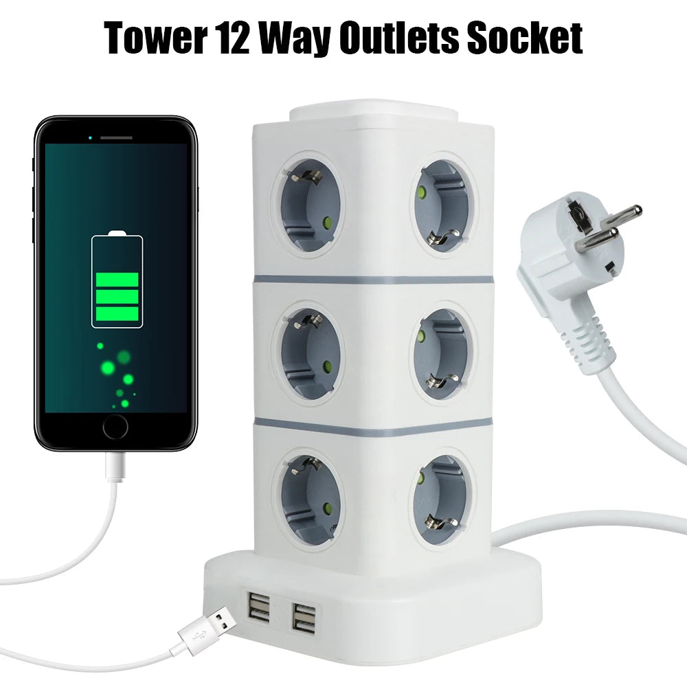 1-Tower 12 Way Outlets Socket Multi Power Strip Vertical 2.8m Extension Cord EU Plug with 4 USB Overload Protector Switch 220V 10A