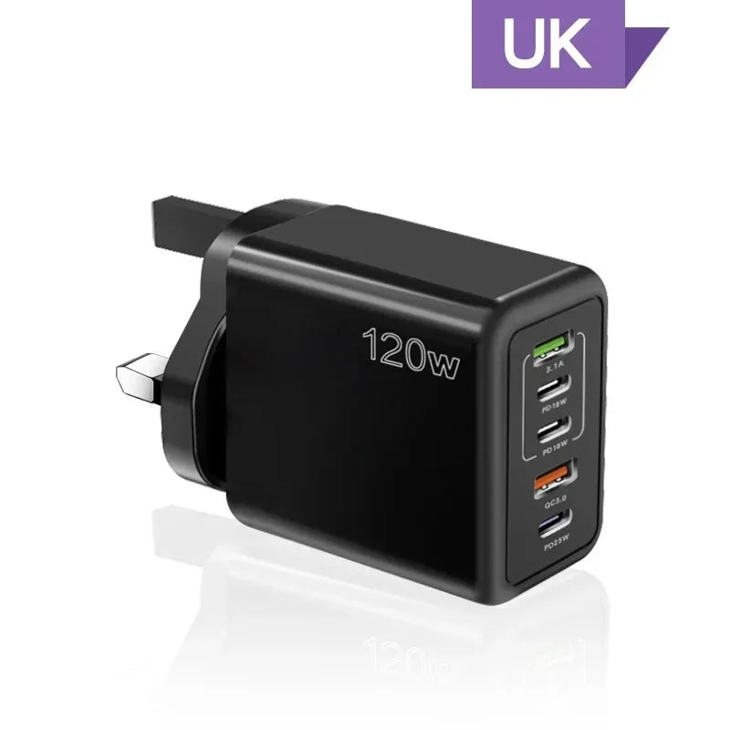 5 Ports USB Charger PD Fast Charging 120W Phone Charger Adapter For iPhone Samsung Xiaomi Huawei Multi Ports Type C Wall Charger