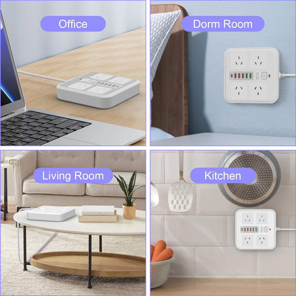 AU Plug Power Board:  AC Outlets,  USB-A,  USB-C, Overload Protection