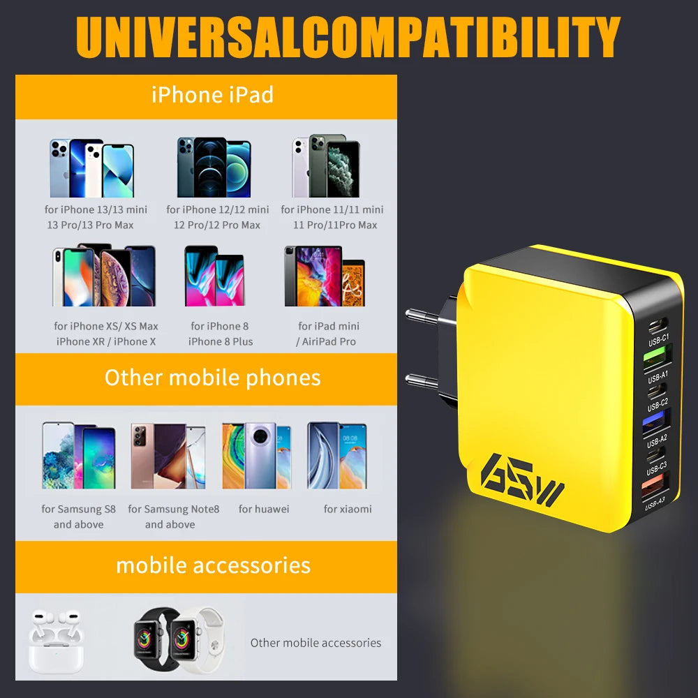65W USB C Wall Charger Fast Charger 6 Ports Quick Charge 3.0 Adapter for iPhone 13 14 15 Xiaomi Samsung Oppo Mobile US/EU Plug