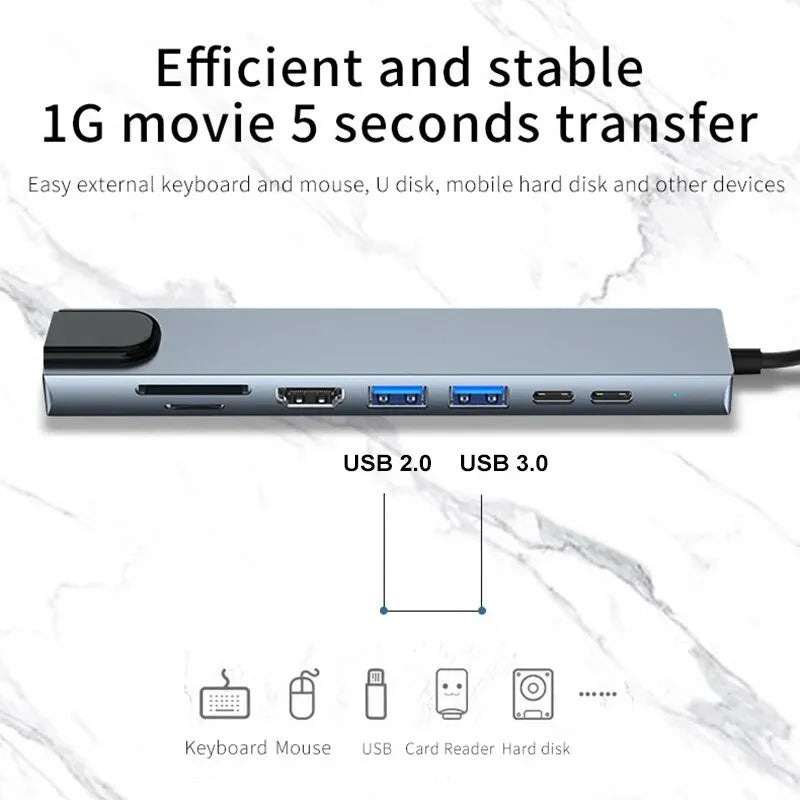 4-8 in 1 USB C Hub Type C to 4K HDTV Adapter with RJ45 SD/TF Card Reader Fast Charger for MacBook Notebook Windows Laptop Computer