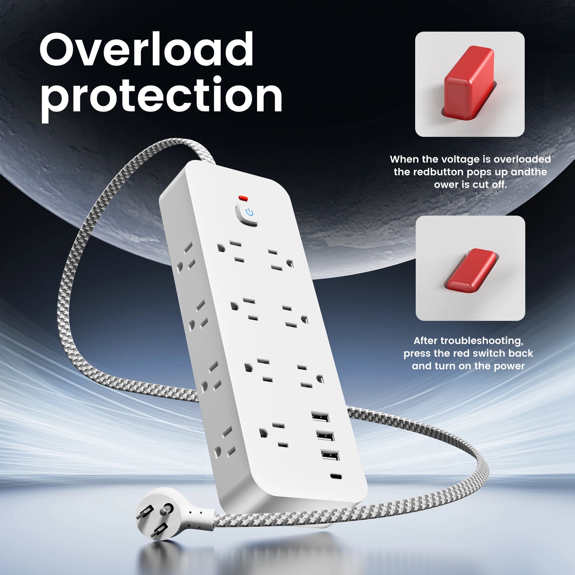 18-in-1 Multitap Power Strip US Plug AC Outlet USB Port Type C 4ft Braided Extension Cord Smart Home Electrical Socket Network
