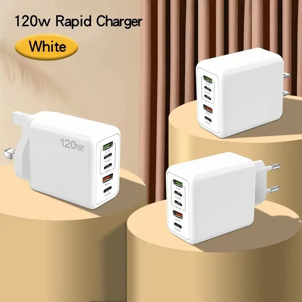 5 Ports USB Charger PD Fast Charging 120W Phone Charger Adapter For iPhone Samsung Xiaomi Huawei Multi Ports Type C Wall Charger