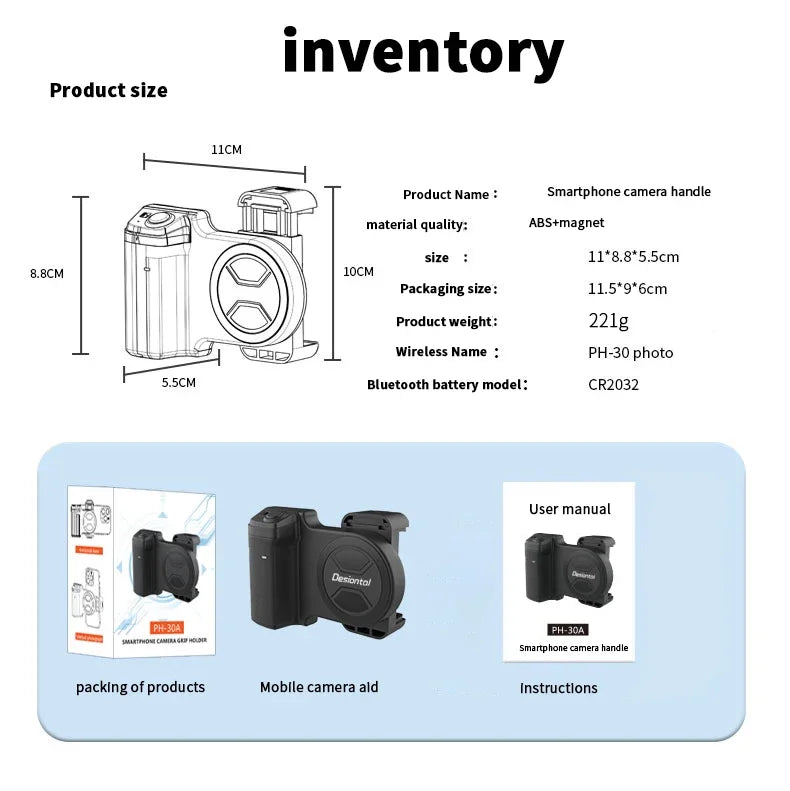 1-Smartphone Selfie Handle Phone Camera Snap Grip with Detachable Shutter Remote for iPhone 16/15/14 Vlog Video Shoot Accessory