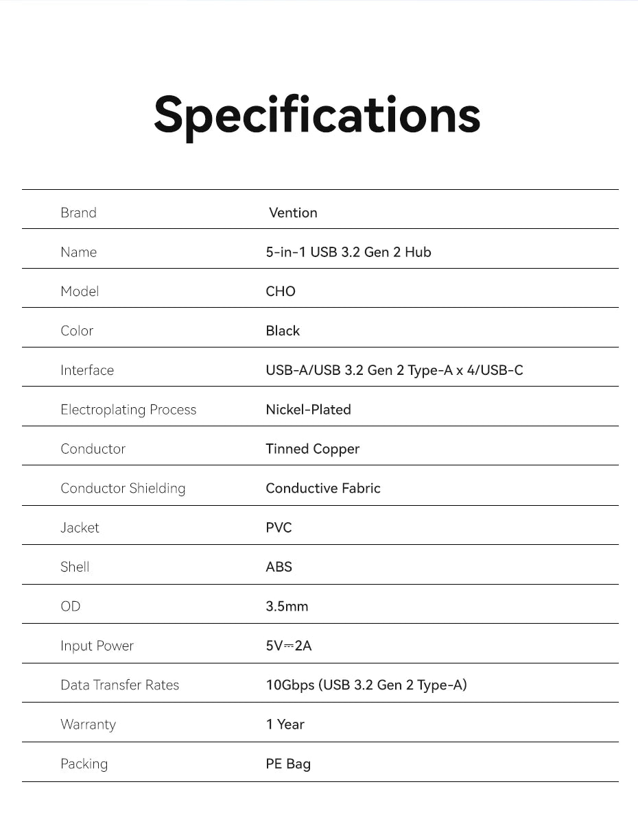 Vention New USB 3.2 Gen2 HUB 5 Ports Splitter 10Gbps USB A Type C HUB Multiport Adapter Laptop Expansion Desktop PC Accessories