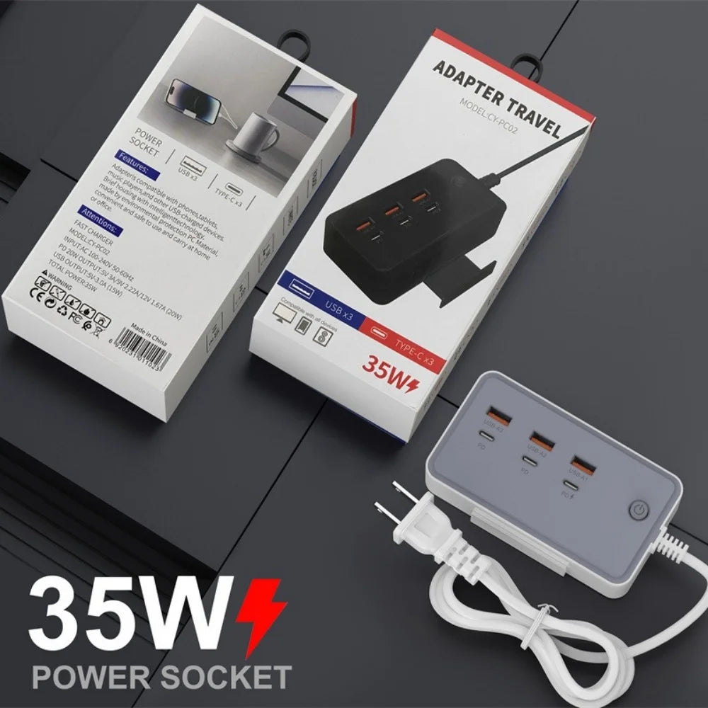 35W Multifunction USB Type C Quick Charge Power Socket with Telescopic Holder 3USB3PD Fast Charging Power Strip For Phone Tablet