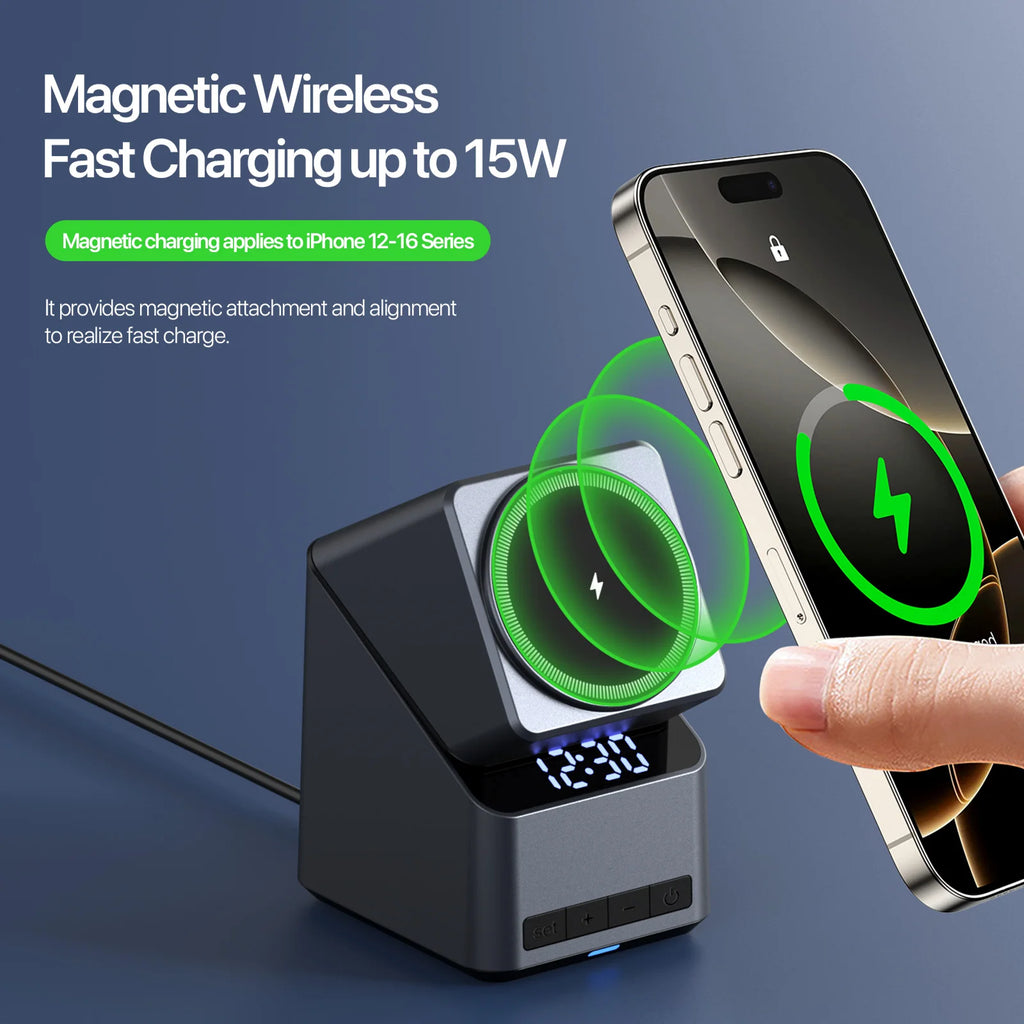 Magnetic 4 in 1 Auto Rotation Wireless Charger with Clock for Iphone 12-16 Series(15W), Apple Watch(2.5W) and Airpods (5W)