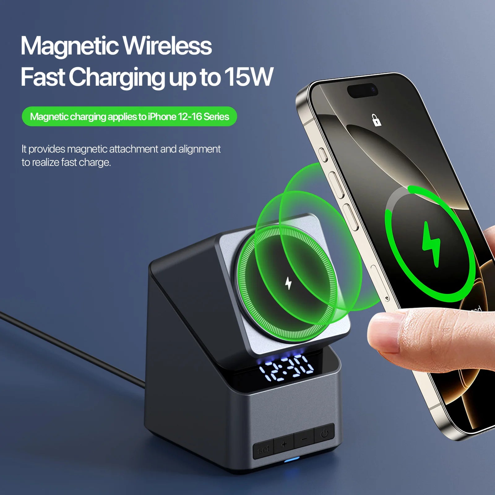 Magnetic 4 in 1 Auto Rotation Wireless Charger with Clock for Iphone 12-16 Series(15W), Apple Watch(2.5W) and Airpods (5W)
