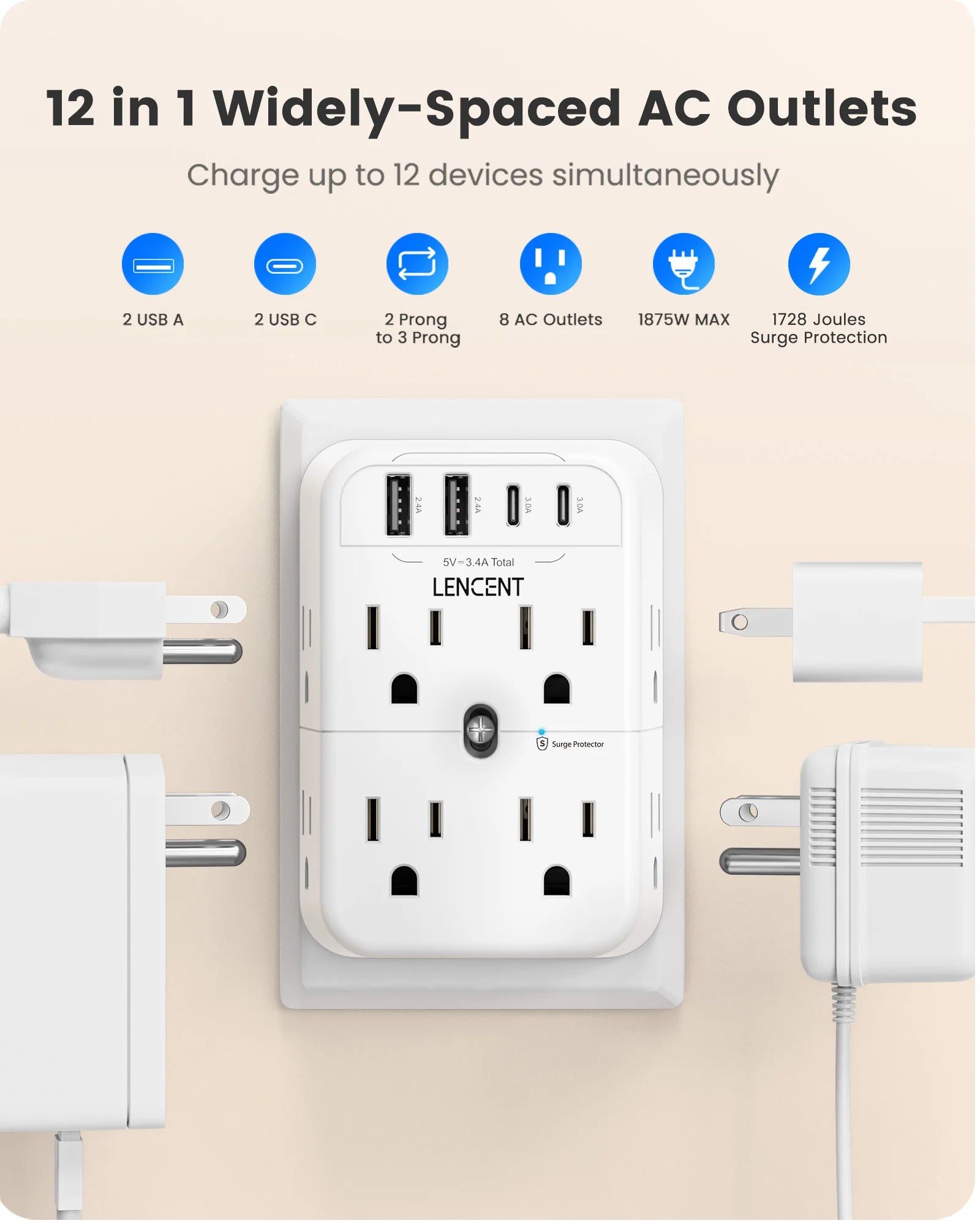 Lencent power strip with multiple outlets and USB ports 