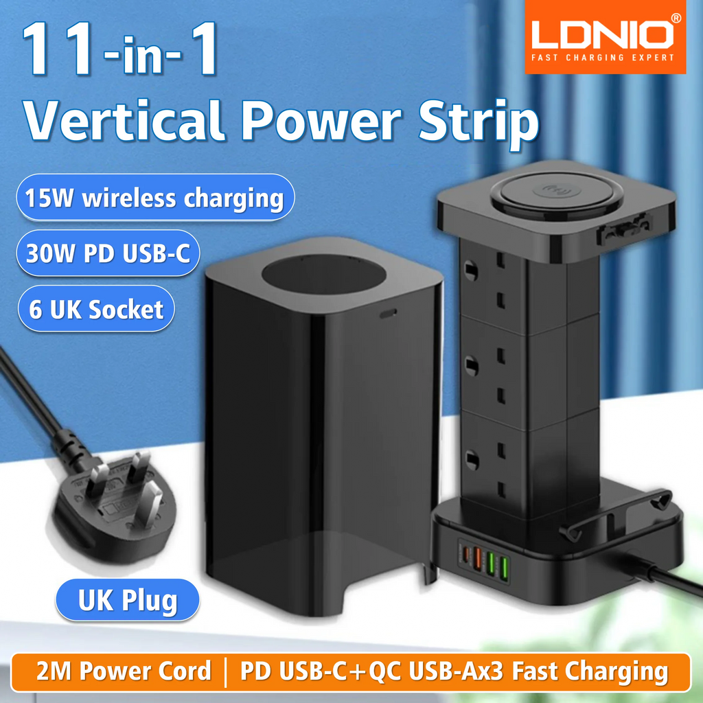 1-LDNIO Tower Power Strip with 6 Outlets +4 USB Ports + WIRELESS CHARGER 2M Power Cord, UK Plug Vertical Electric Socket for Home