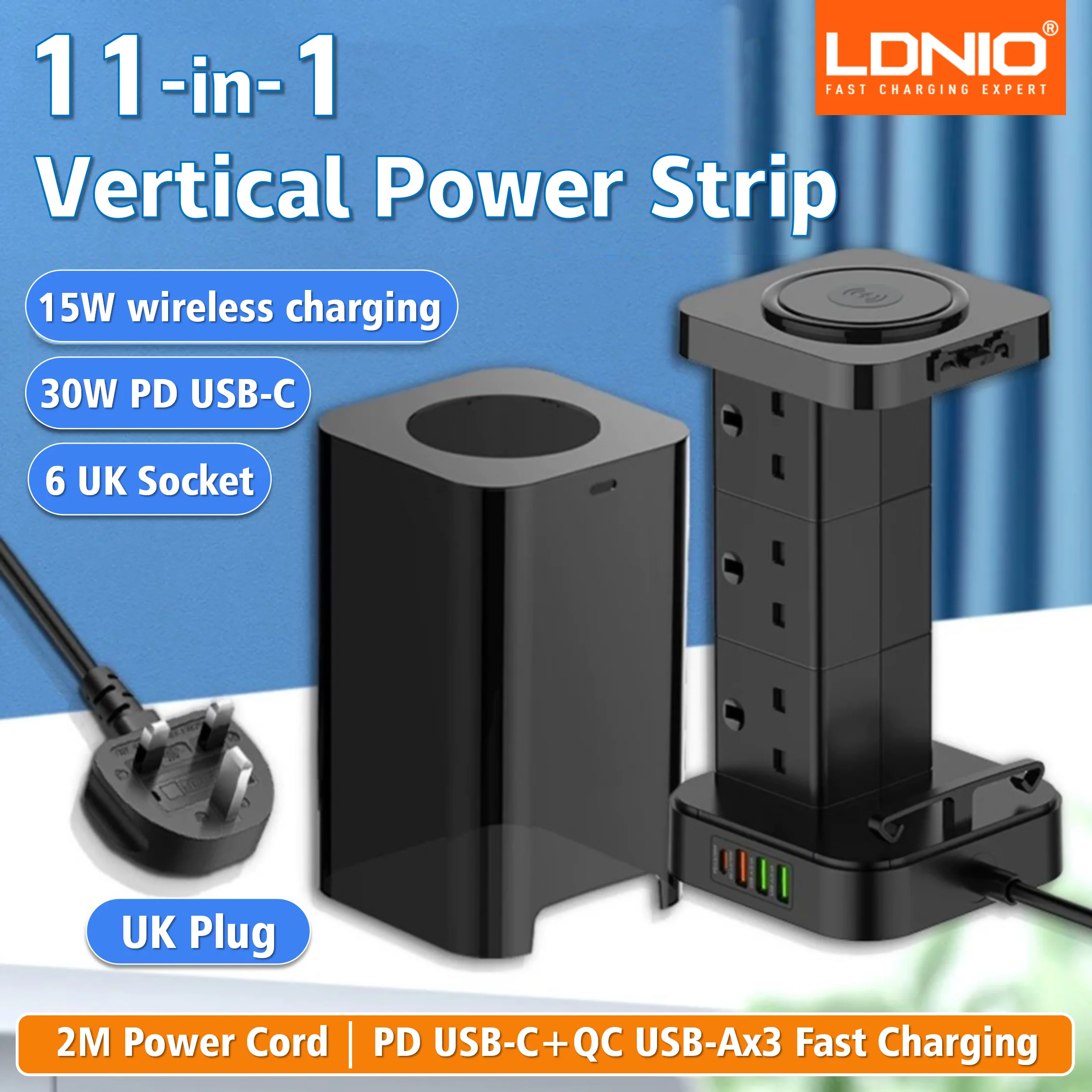 1-LDNIO Tower Power Strip with 6 Outlets +4 USB Ports + WIRELESS CHARGER 2M Power Cord, UK Plug Vertical Electric Socket for Home