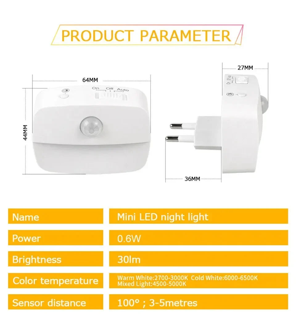Motion Sensor EU/US Socket Plug-in LED Night Light 220V/110V Human Infrared Induction Lamp