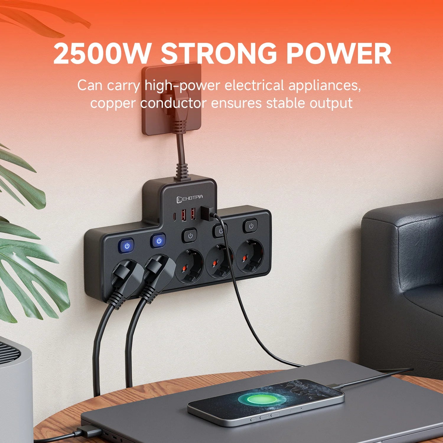 Power strip with multiple outlets on a desk, connected to high-power devices with text highlighting power capacity.
