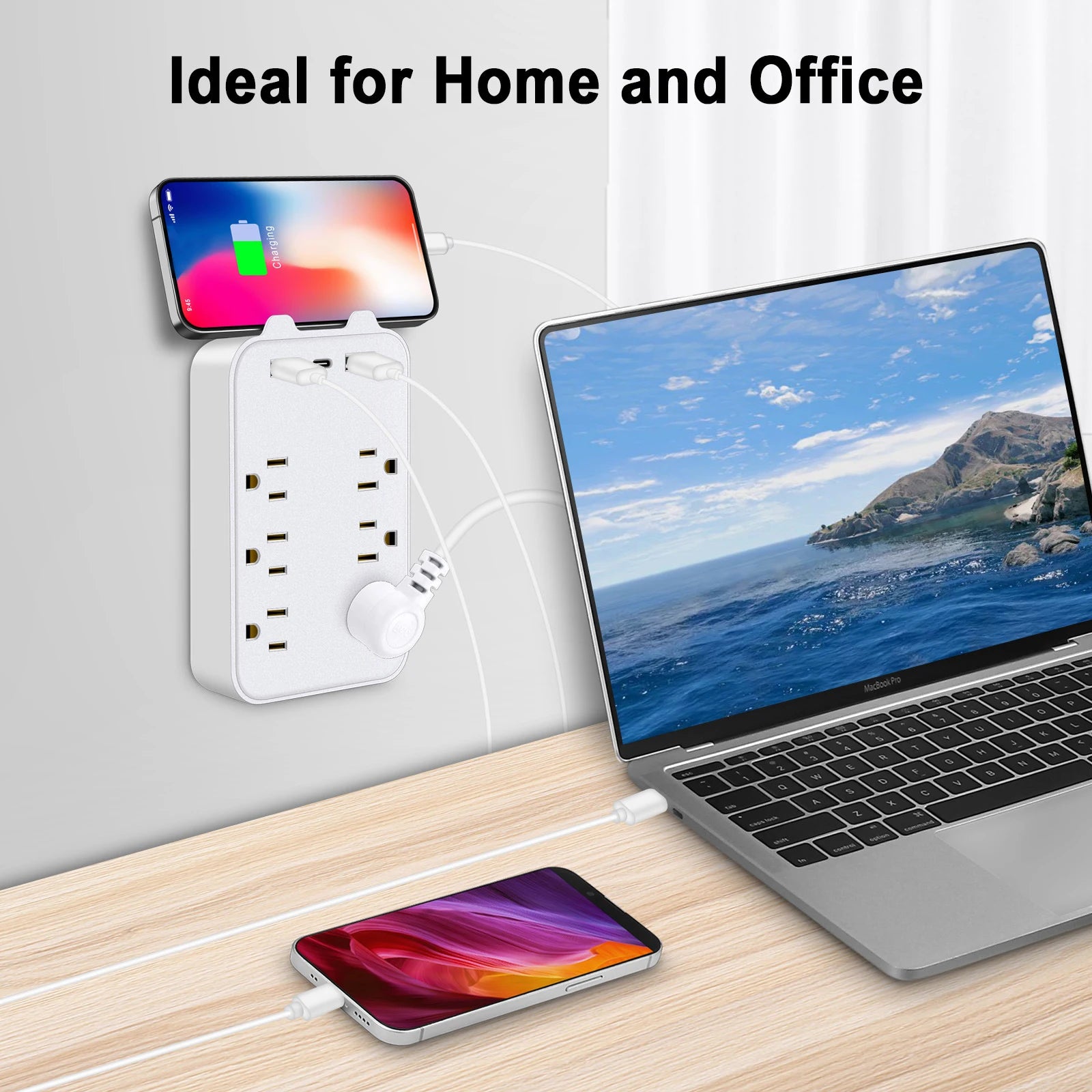 1-9‑in‑1 Wall Surge Protector – 6 AC Outlets + 2 USB-A & 1 USB-C | 2700J, Overload & Fire Protection