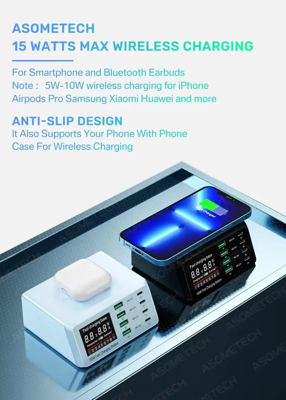4-ASOMETECH 110W USB Type C Charger Wireless Charing Multi Ports Fast Phone Charger PD QC3.0 Quick Charge For iPhone 14 13 Xiaomi