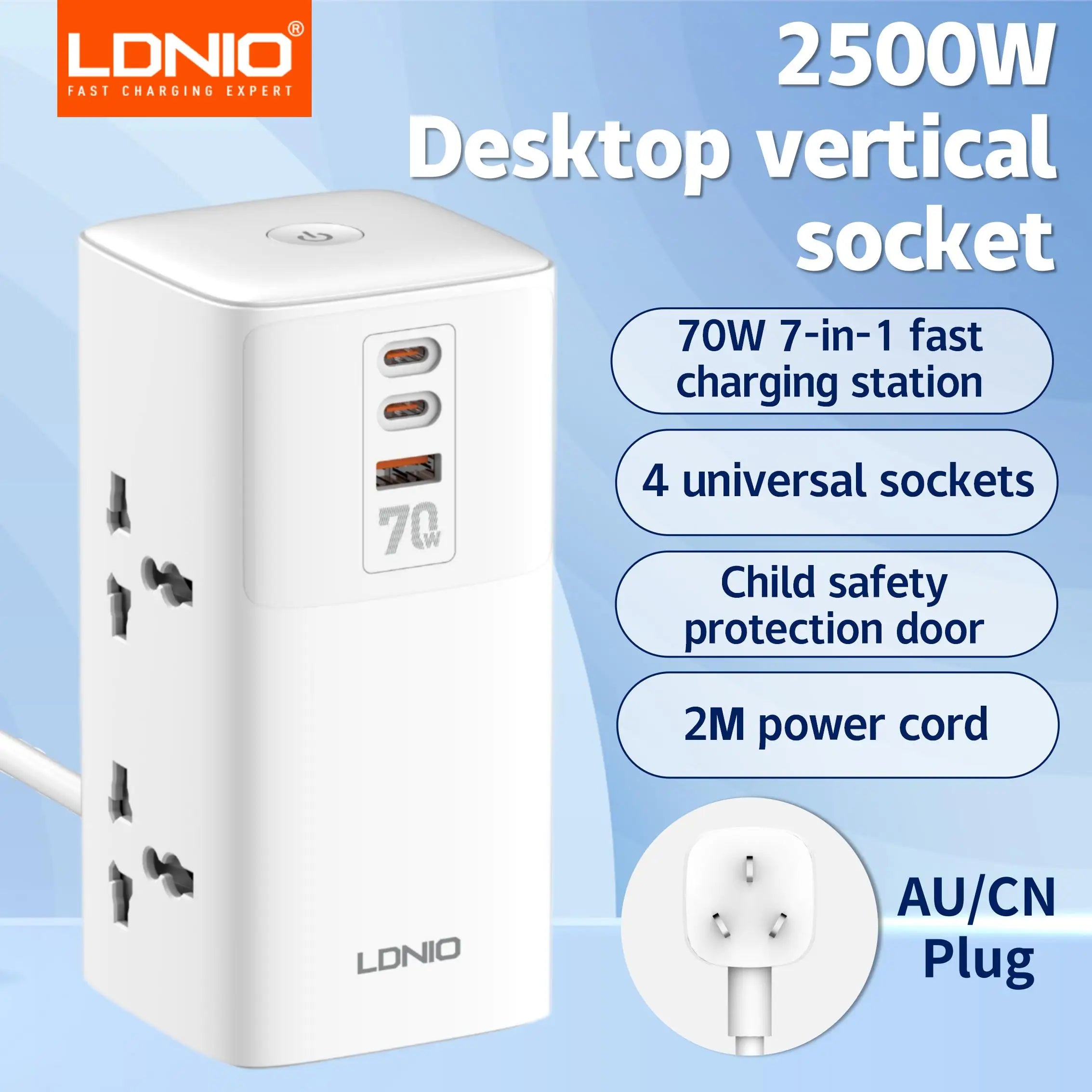 1-Tower 4 Way Outlets Socket 70W USB Multi Power Strip Vertical 2m Extension Power Cord UK EU US AU Plug with Overload Protector