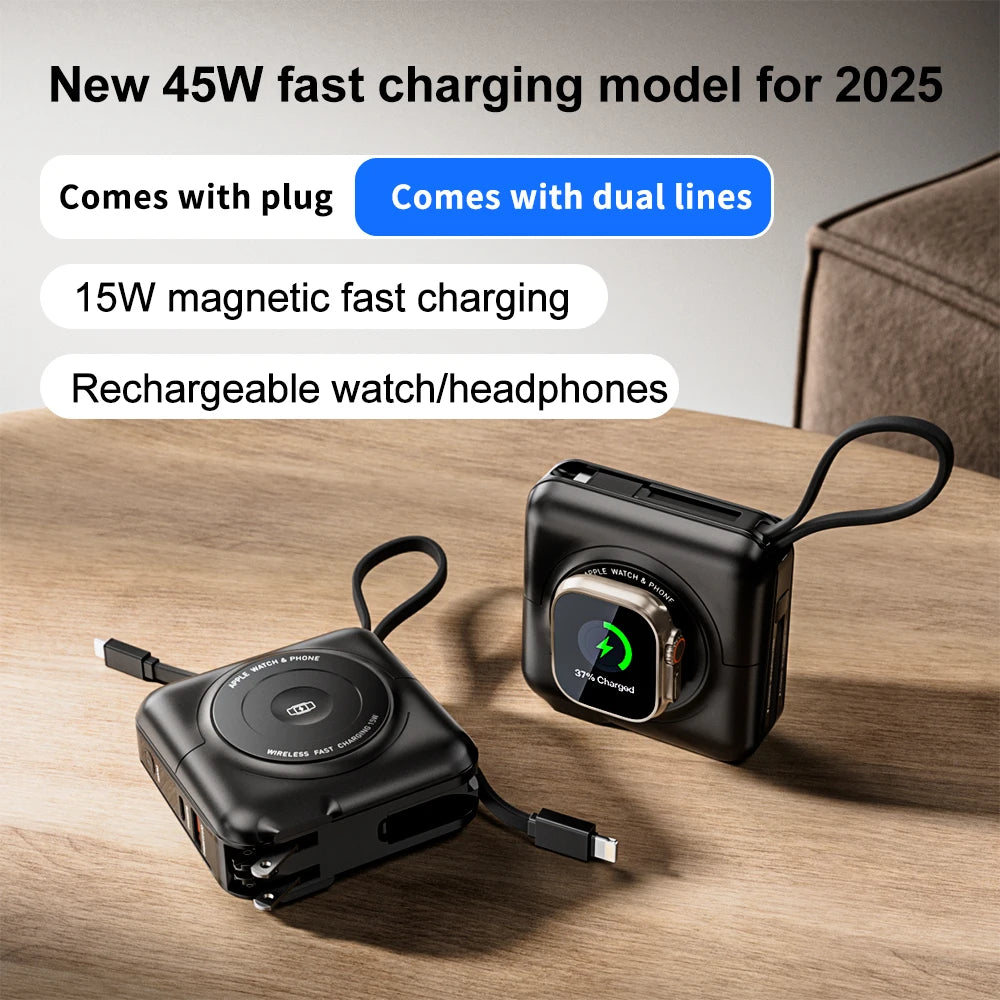 15000mAh Magnetic Wireless Apple Watch Power Bank Type-C 45W Fast Charging With Dual Cables AC Plug for iPhone Android Airpods