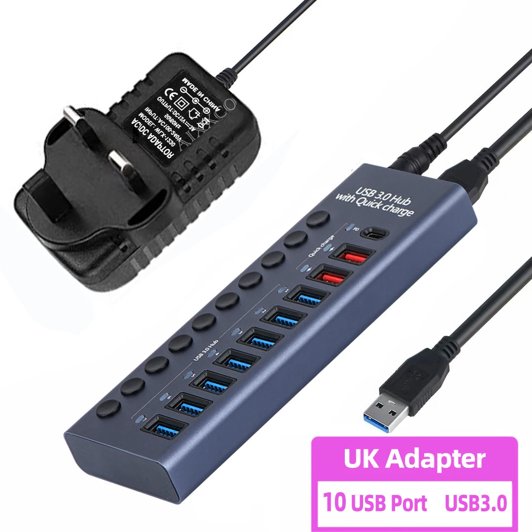 4-AIXXCO 10 Ports USB3.0 Splitter Computer Extender USB HUB 2.4A Fast Charging PD Port External 12V Power Supply