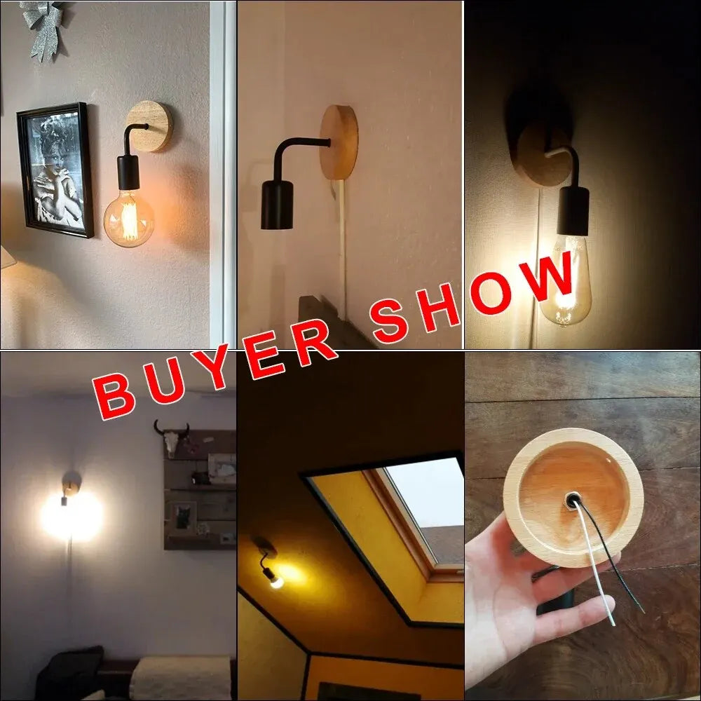 Retro Wood Wall Lamp E27 (Industrial Loft, 85–265 V)