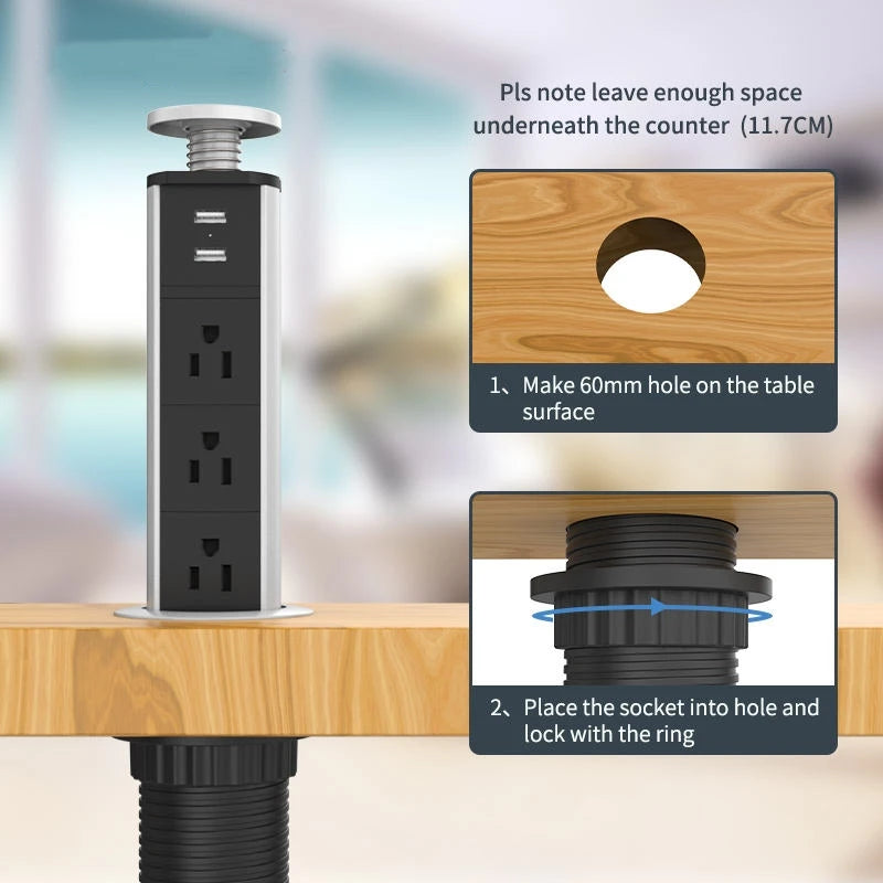 Melery Pop-Up Desk Power Strip: US Type-C, Hidden USB Charger, Tablet Sockets