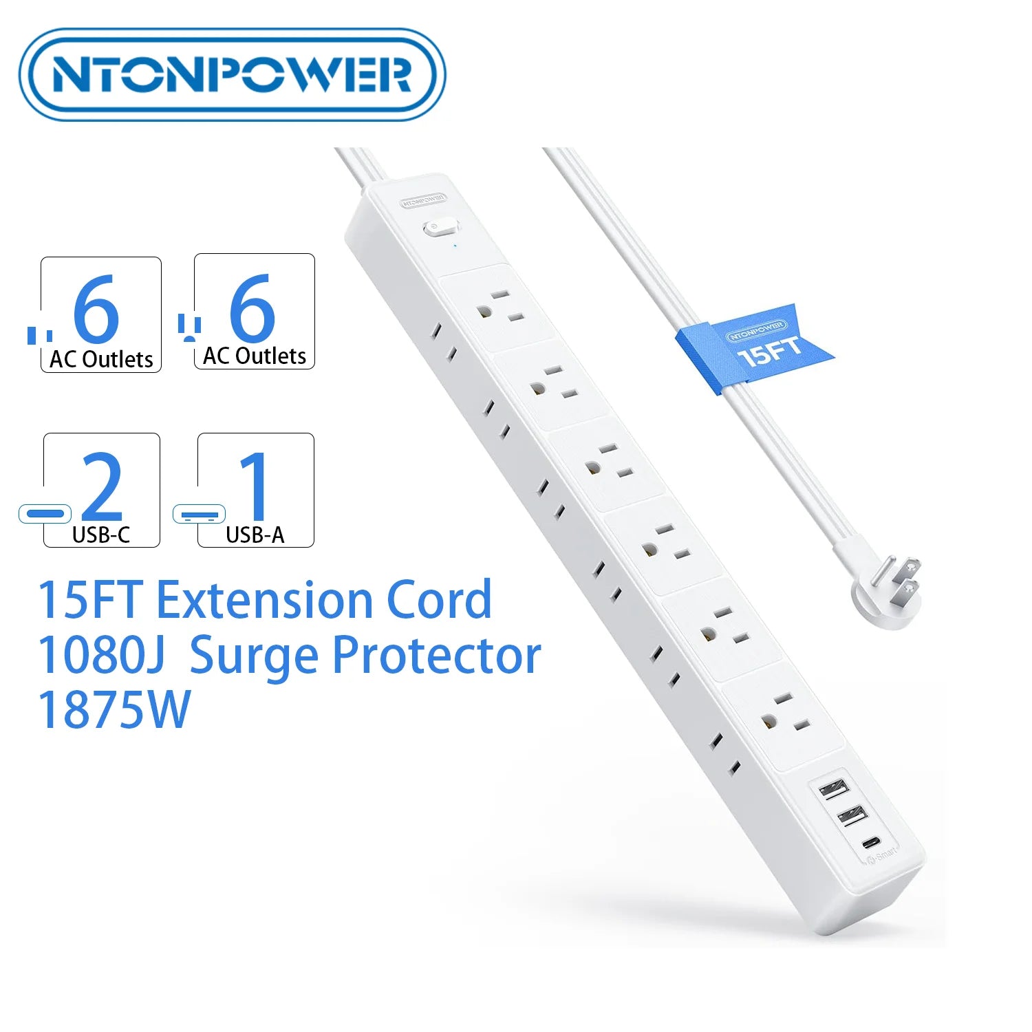 6 AC Outlet Power Strip with 3 USB Ports (1 USB-C) & 25FT Extension Power Cord Surge Protector & Network Filter US Plug