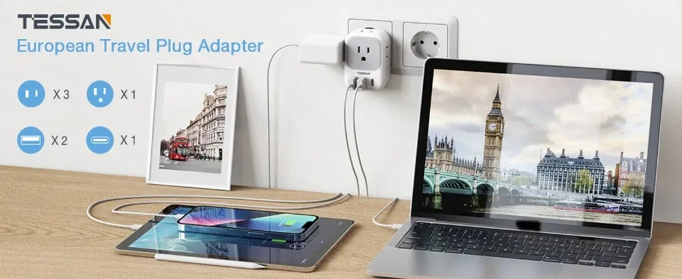 TESSAN US Plug Power Strip with 4AC Outlet and 3USB Charging Port Multi-Contacts Electrical Socket with Surge Protector for Home